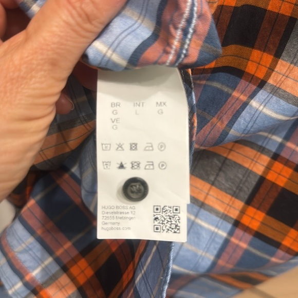 HUGO BOSS Orange and Blue Plaid Regular Fit Stretch Casual Button Down Shirt L - Picture 6 of 7